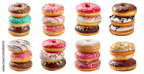 Assorted Delicious Donuts Stacked High with Colorful Frosting and Sprinkles, Isolated on Transparent, white background