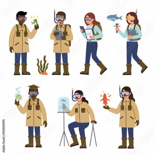 Marine Biology Researchers Flat Illustration Set