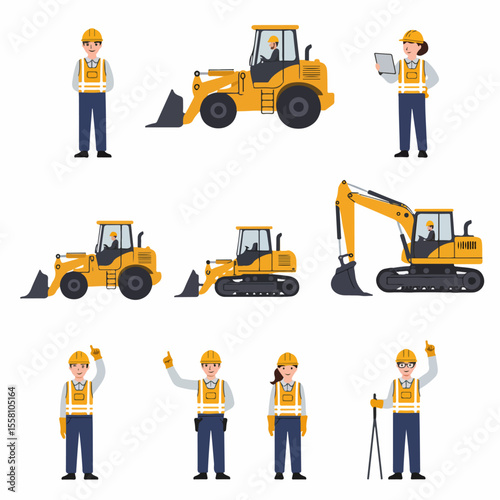 Construction Workers and Heavy Equipment Illustration Set