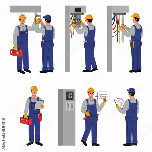 Electrician Working Vector Illustration Set