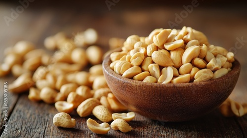 macro photography shelled peanuts, creamy beige nuts scattered, warm wooden surface background, natural food styling, soft focus details, organic texture, golden lighting, extreme closeup, culinary