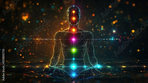 A glowing human body with chakras aligned and scientifically visualized 