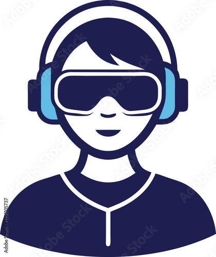Stylized person wearing Vr headset and headphones silhouette isolated on white background