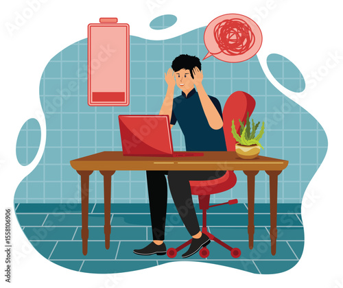 Emotional burnout concept. Man at Desk with Laptop and Low Battery.