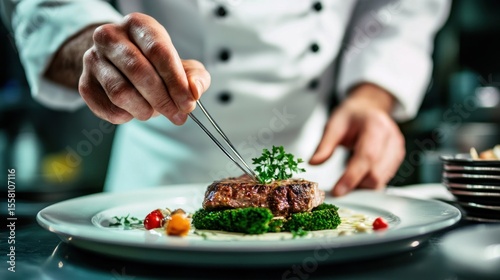 Chef plating a steak