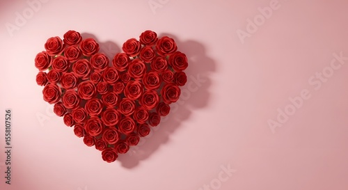 A Heart Shaped Arrangement of Red Roses on a Pink Background: A Romantic Valentine's Day Image
