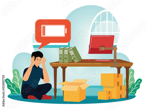 Emotional burnout concept. Office Worker tired Facing Low Battery With Workspace and Shipping Boxes.