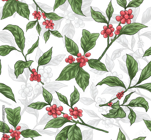 Coffee Plant Branches with Red Berries and Green Leaves pattern for fabric