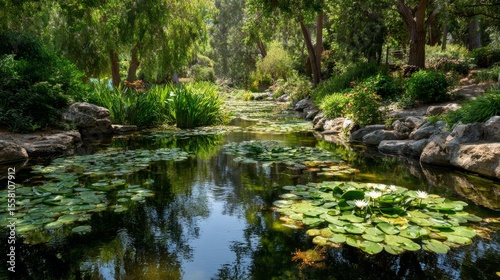 Serene garden pond with lush greenery and tranquil water lilies