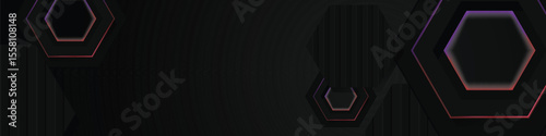 Black hexagon horizontal banner background with colorful shining light effect decoration