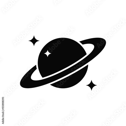 Planet with Ring and Stars in Black and White Vector Illustration