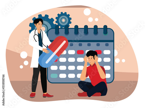 Seasonal affective disorder treatment concept. Doctor Advising Patient with Medication and Calendar.