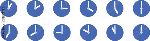 A set of flat-style clock illustrations showing full hours from 1 to 12. Perfect for use in time-related designs, schedules, daily routines, time management apps, education, or productivity visuals.