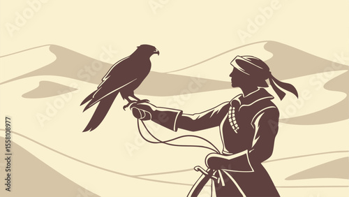 Silhouette of a man in traditional clothing with a falcon perched on his gloved hand in a desert setting