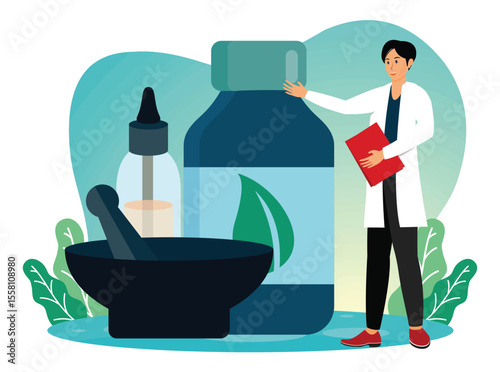 Homeopathy concept. Pharmacist Standing with Herbal Medicine Products in a Natural Setting.
