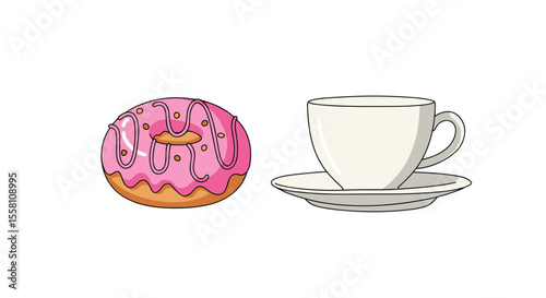 Pink frosted donut and white cup on saucer illustration  