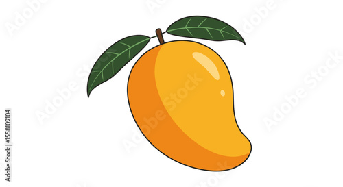 Ripe mango with green leaves on white background  