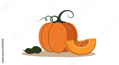 Ripe orange pumpkin with slice and seed on a light background  