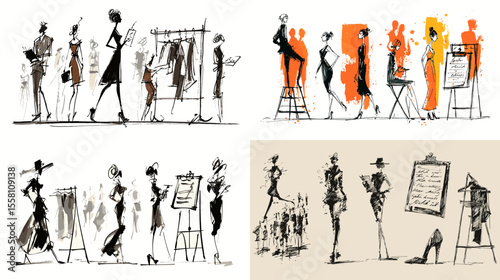 Stylish sketch illustrations of fashion designers and models in action, capturing runway and studio scenes with artistic flair, ideal for couture and design themes.

