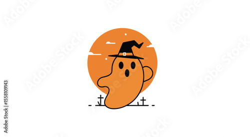 Cartoon ghost with hat in front of orange full moon and gravestones  