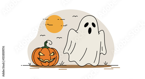 Cartoon ghost standing next to carved pumpkin under the sun  