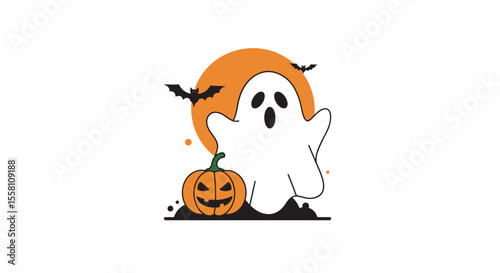 Cartoon ghost and pumpkin with bats on orange background  