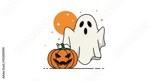 Ghost character with Halloween pumpkin and orange moon background  