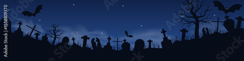 Halloween background with graveyard silhouettes, bats and copy space for your billboard design or title. Horizontal vector illustration in flat style, dark blue black colors, copy space