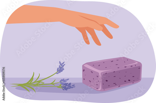 Hand Reaching Towards a Lavender Soap Vector Cartoon Illustration. Woman using a homemade cosmetic product with natural ingredients  
