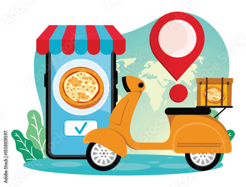 Food delivery service concept. Pizza Delivery With Mobile App, Scooter, and Map Pin.