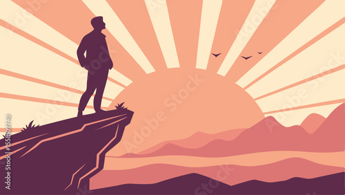 Silhouette of a man standing on a cliff overlooking mountains with a radiant sunset in the background
