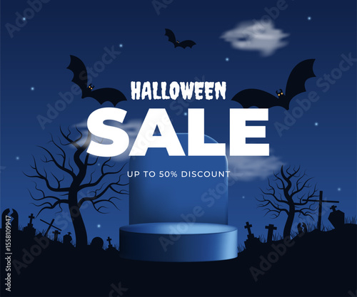 Happy Halloween sale banner clipart background design. Sale special offer 50 percent discount for holiday season template with podium bats trees cemetery flat style dark blue black  background. Vector