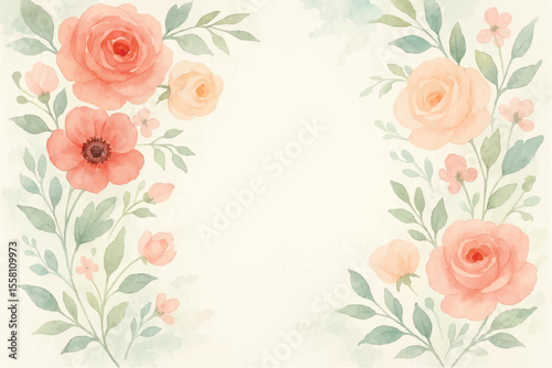 Vintage floral background with romantic pink roses, elegant frame, and decorative hearts for a wedding or Valentine's Day card design