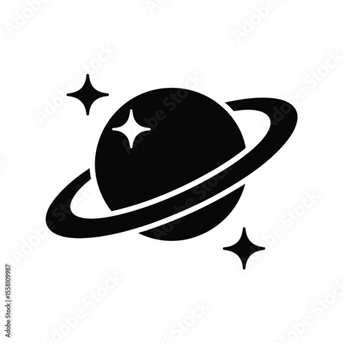 Simple Black and White Planet with Ring and Stars Illustration