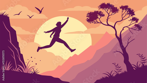 Silhouette of a person jumping across mountains with birds and a tree against a sunset background scene