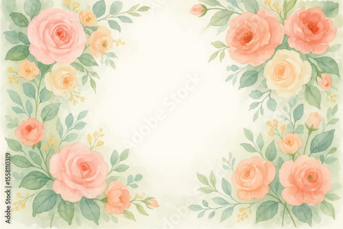 Vintage floral background with romantic pink roses, elegant frame, and decorative hearts for a wedding or Valentine's Day card design