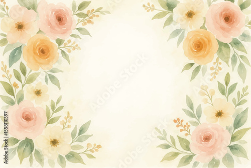 Vintage floral background with romantic pink roses, elegant frame, and decorative hearts for a wedding or Valentine's Day card design