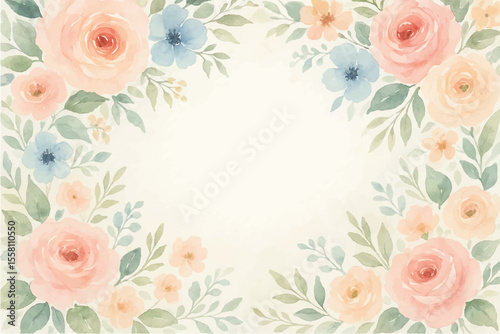 Vintage floral background with romantic pink roses, elegant frame, and decorative hearts for a wedding or Valentine's Day card design