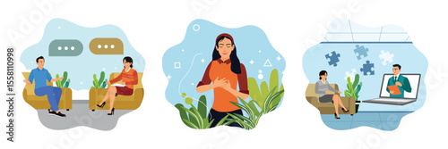 Psychotherapy help, young girl doing breathing exercise, care, awareness, and meditation.