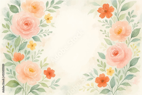 Vintage floral background with romantic pink roses, elegant frame, and decorative hearts for a wedding or Valentine's Day card design