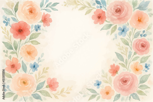 Vintage floral background with romantic pink roses, elegant frame, and decorative hearts for a wedding or Valentine's Day card design