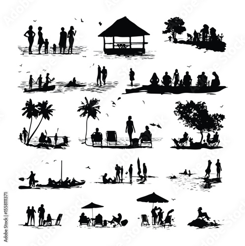 beach silhouette set, Black & White silhouette set 