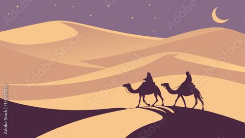Silhouette of two people riding camels across a desert landscape under a starry moonlit night sky scene