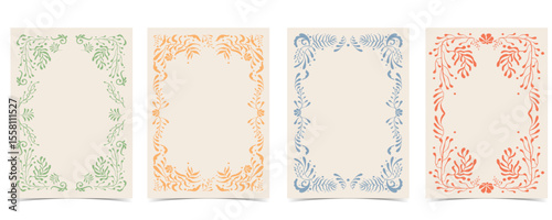 Retro flower and leaves frame background in wavy line style for vertical A4 design