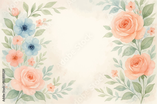 Vintage floral background with romantic pink roses, elegant frame, and decorative hearts for a wedding or Valentine's Day card design