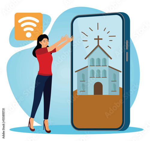 Online church concept. Woman Interacting with Mobile Device Displaying a Virtual Church.
