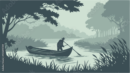 Illustration of a man rowing a boat on a river surrounded by trees and grass in a misty environment