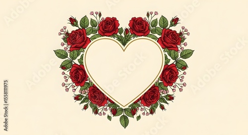 Romantic Red Roses Heart Frame Valentines Day Card Design Illustration