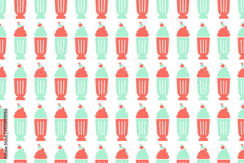 Seamless milkshake pattern with cherry toppings in alternating peach and mint colors on white background.