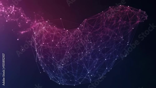 Abstract network design with interconnected nodes and lines.  A dynamic, flowing,  shape emerges from a  gradient of dark purple to violet